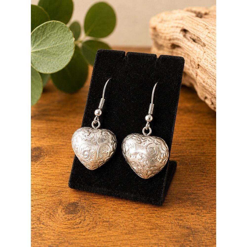 Vintage Sterling Silver Puffy Heart Dangle Earrings Engraved Floral Scroll 925